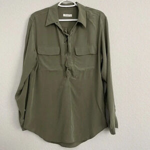 Equipment Womens Knox Lace Up Silk Shirt Forest Green Medium Long Sleeve